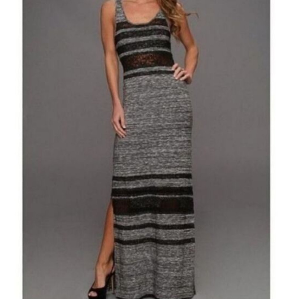 Free People Hazy Days Heather Gray Black Lace Scoop Neck Maxi Dress